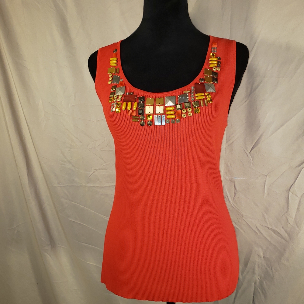 Ruby Rd. Coral Embellished Ribbed Tank - M